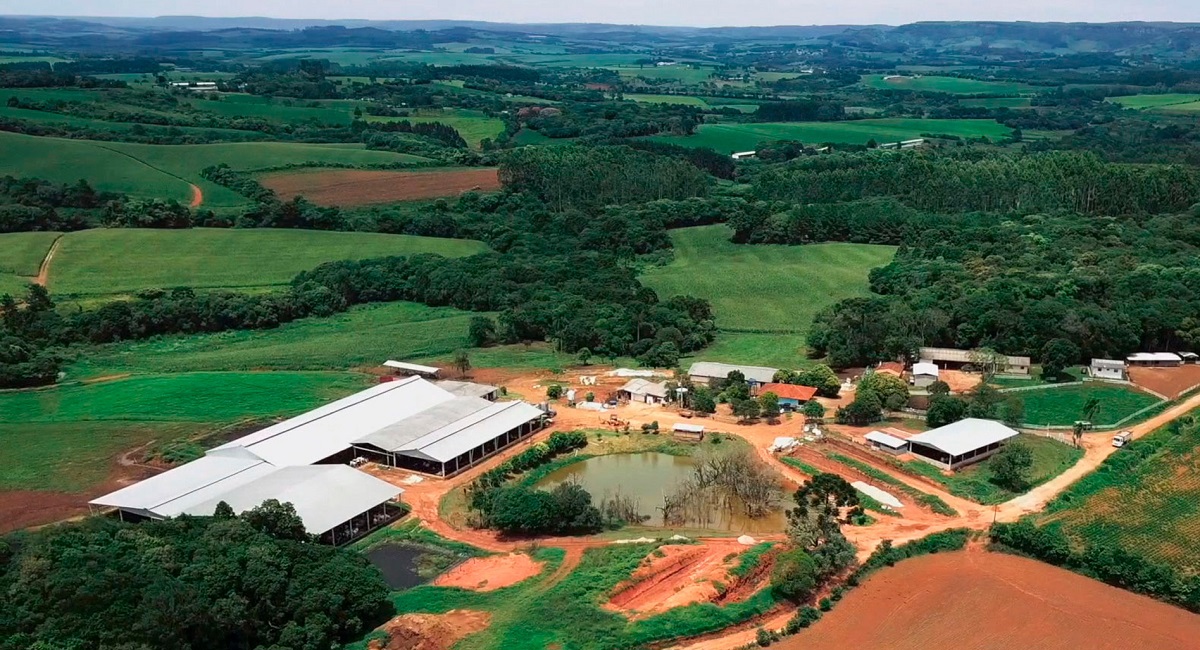 a drone view of livestock farm including green fields.